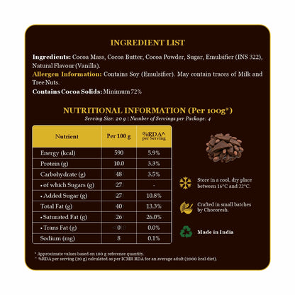 A dark brown informational product graphic with a yellow header reading 'INGREDIENT LIST' and product details, plus a nutrition table and small product imagery on the right.