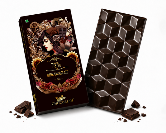 A bar of dark chocolate shown with its illustrated retail box on a white studio background. The box features an ornate dark brown design with a woman's profile, floral details, and the brand name Chocoresti.