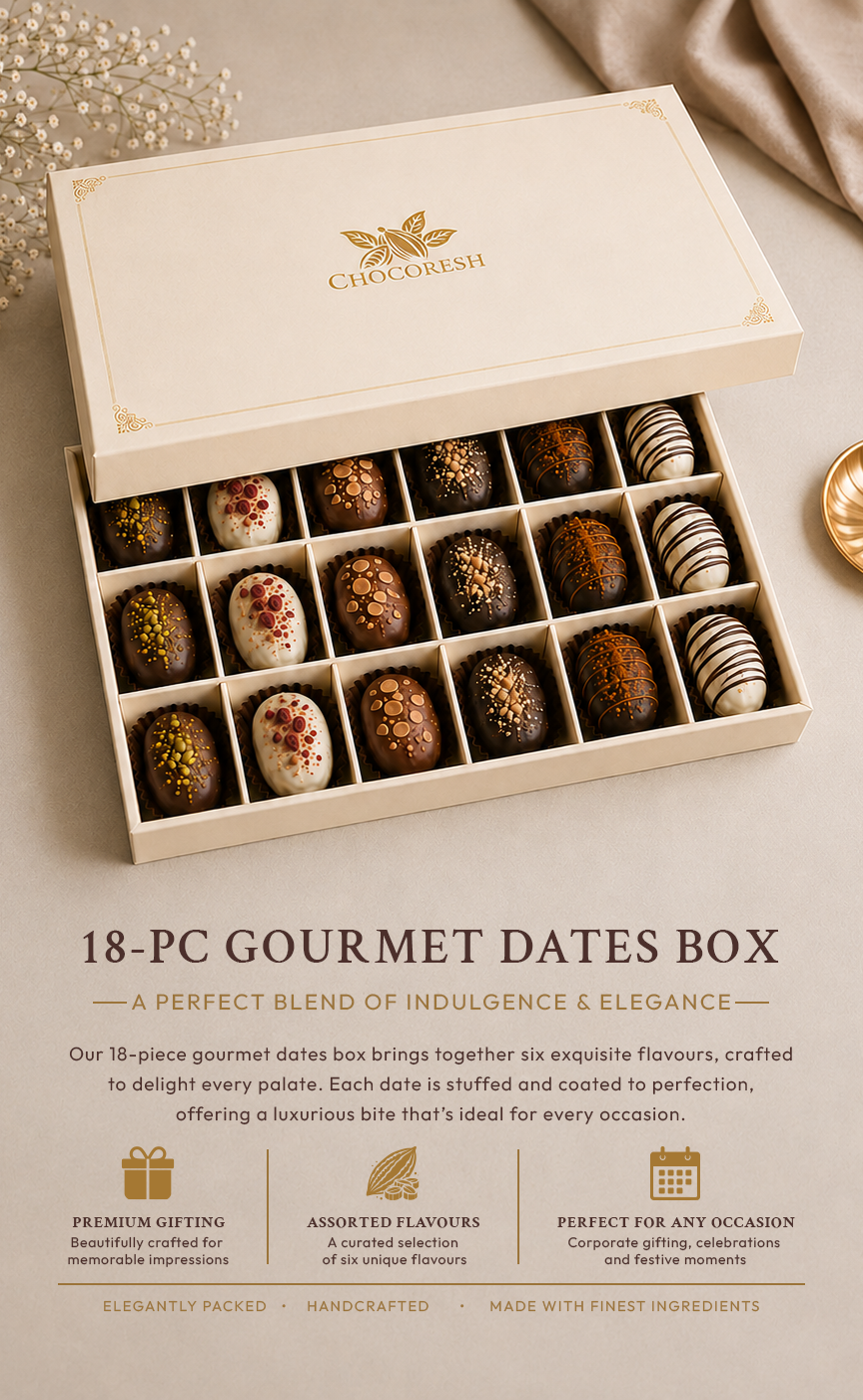 An open Chococharm gourmet dates box displaying 18 assorted chocolates in a cream-colored gift box, with descriptive text below on a beige background.