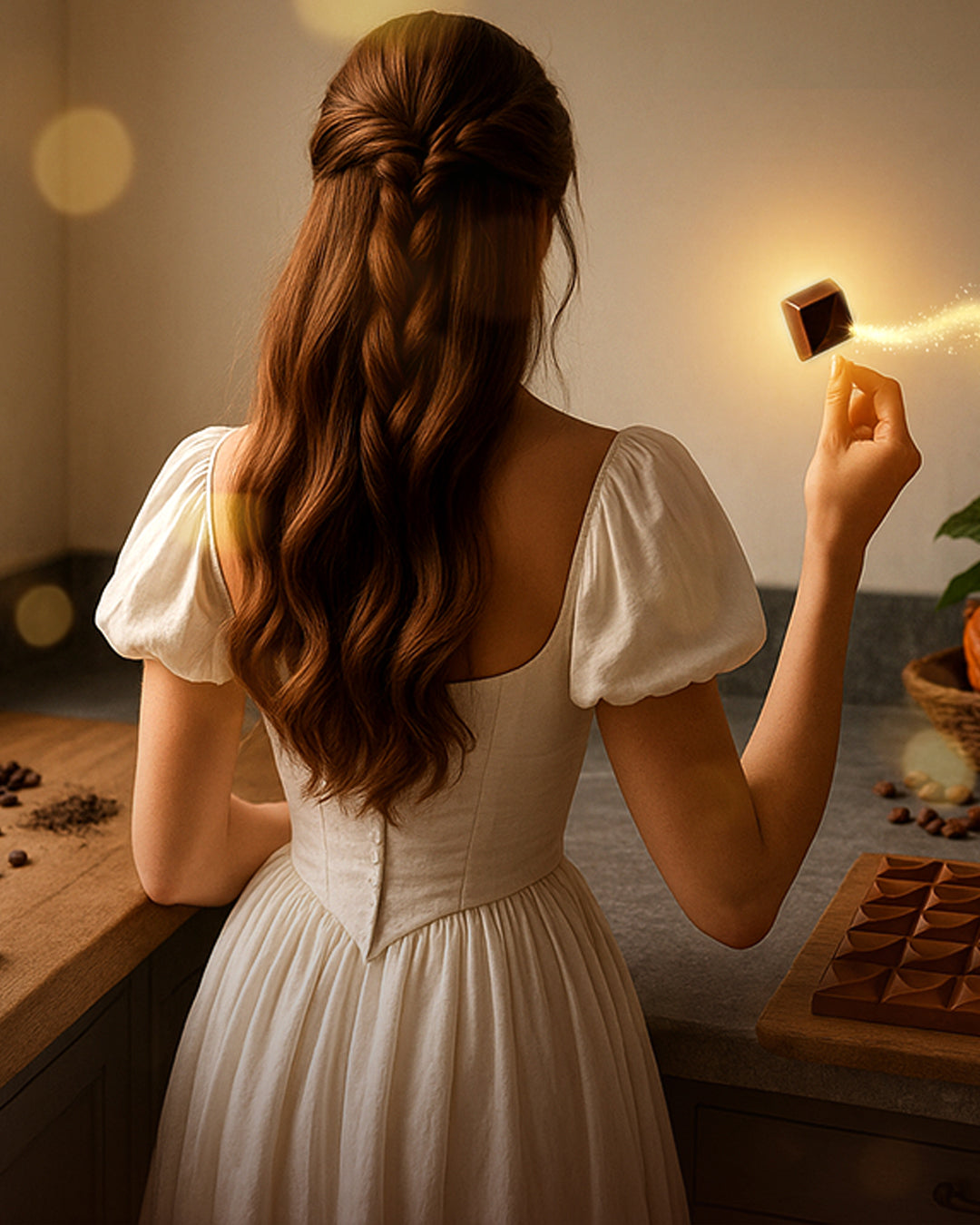 A woman with long brown hair is shown from behind, wearing a cream-colored puff-sleeve dress and holding a glowing chocolate in a warmly lit kitchen setting.