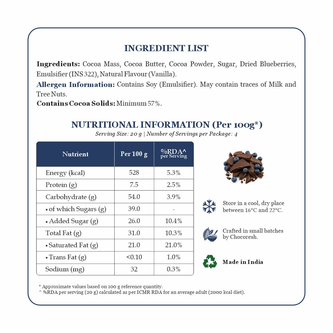 An informational product graphic for Chocoreish chocolate powder, featuring an ingredient list, nutritional information table, and product photo of dark chocolate chunks on a white background with a blue border.