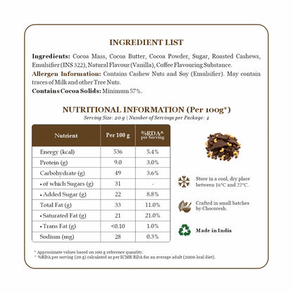 An ingredient list and nutritional information panel for a coffee flavouring product. The panel lists ingredients such as cocoa mass, butter, sugar, roasted cashews, and emulsifier, along with allergen information and a table showing nutrients per 100 g.