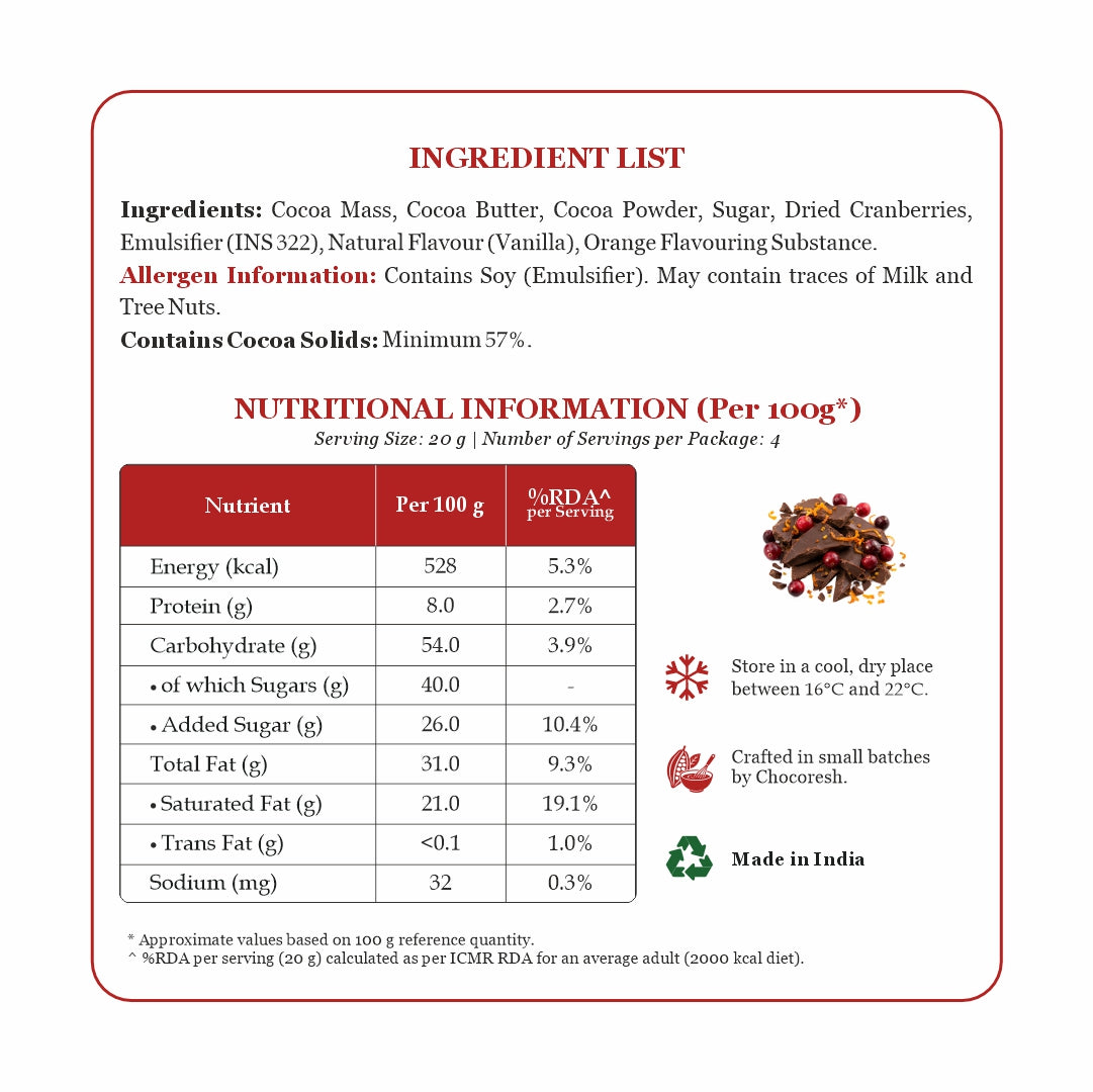 An informational product graphic for a chocolate spread, featuring an ingredient list, nutritional information table, and product packaging details on a white background with a red border.