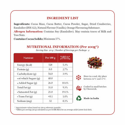 An informational product graphic for a chocolate spread, featuring an ingredient list, nutritional information table, and product packaging details on a white background with a red border.