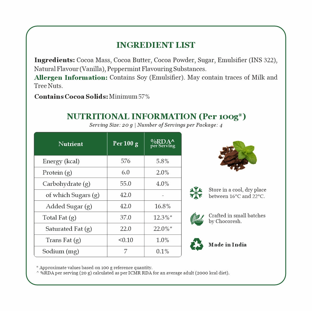 An ingredient list and nutritional information panel for a cocoa product. The panel shows the ingredients, allergen information, serving size, nutrition facts per 100g, and icons indicating storage and Made in India.